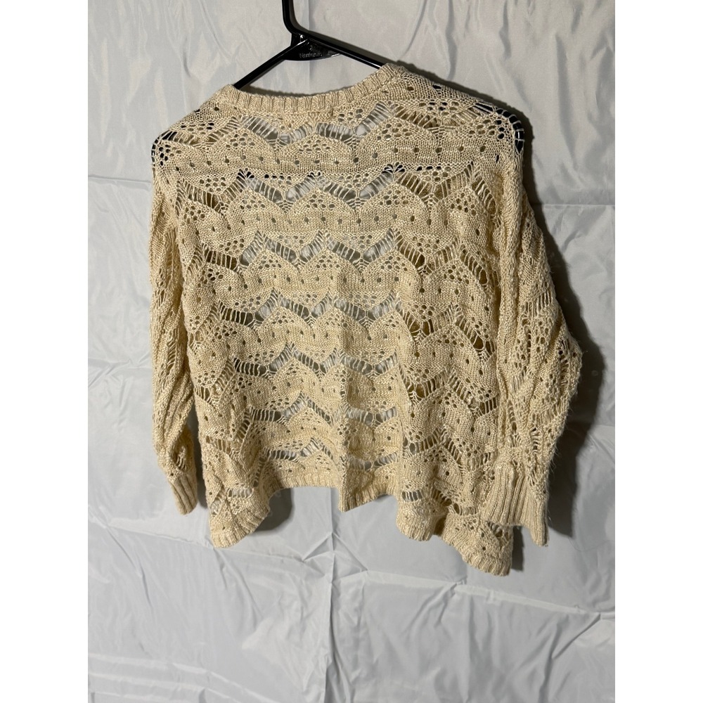 Pink Republic Women Large Cream Pointelle Crochet Knit Open Front Cardigan Boho - Picture 2 of 4